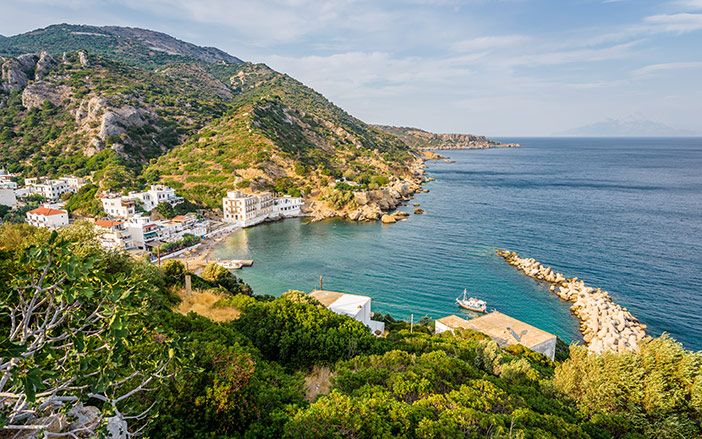 Natural landscape in Ikaria Island with the port view
